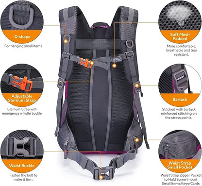 G4Free 35L Hiking Backpack Water Resistant Outdoor Sports Travel Daypack Lightweight with Rain Cover for Women Men(Rose Red)