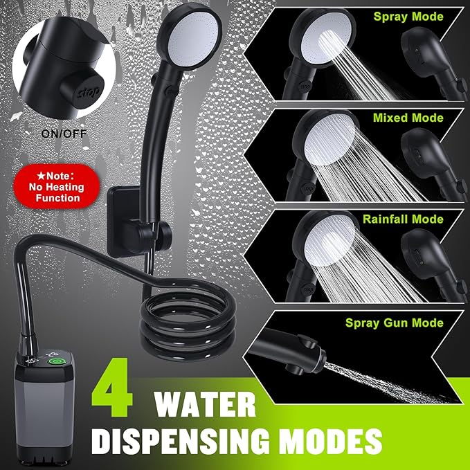 Portable Shower for Camping, [Long-Lasting] Spopal 6000mAh Rechargeable Camping Shower with Intelligent LED Display, 4 Spray Modes, IPX7 Waterproof Outdoor Shower Kit for Hiking, Travel, Car, Pet