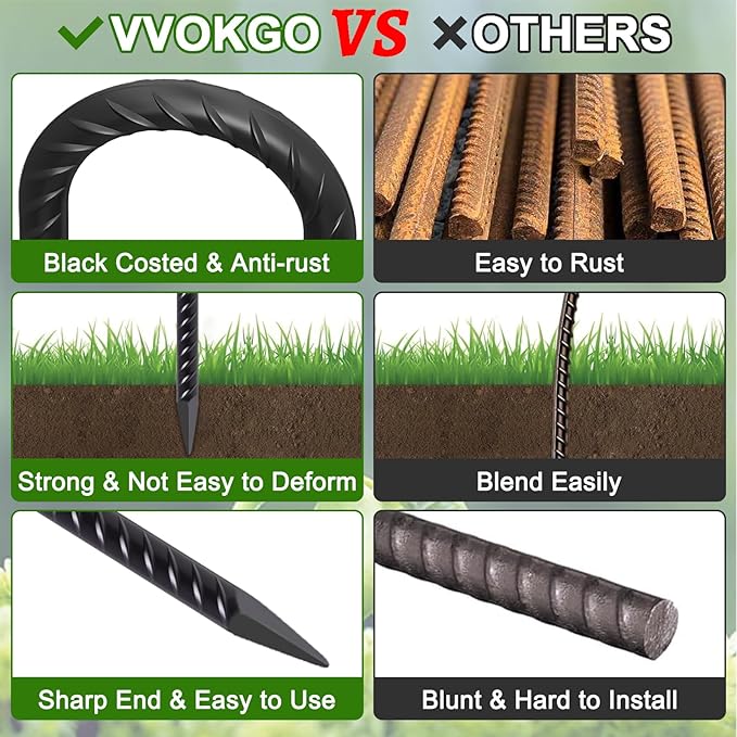 VVOKGO 24 Inches Rebar Stakes Heavy Duty J Hook, Curved Steel Plant Support Garden Stake with Chisel Point end, Hammer Through Hard Soil for Chain Link Fence and Gazebo - Black Coated 16pcs