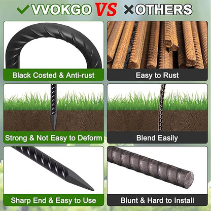 VVOKGO 24 Inch Rebar Stakes Heavy Duty J Hook Ground Anchors, 3/8 Inch Diameter Curved Steel Plant Support Garden Stake with Chisel Point end, Hammer Through for Camping Tent - Black Coated (8)