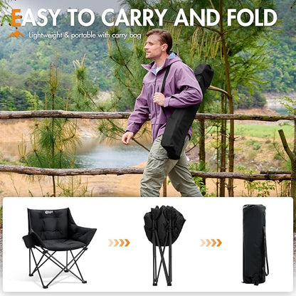 Portal Oversized Padded Camping Chair - Heavy Duty Folding Chair with Cup Holder & Side Pocket, Supports 330 lbs, for Camping, Lawn, Sports, Black