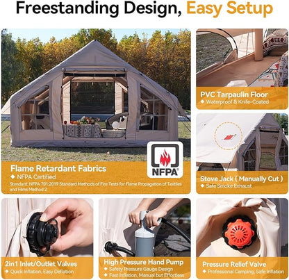 Inflatable Camping Tent with Pump,4-6 Person Waterproof Blow Up Air Tent for Camping Hiking,Easy to Set Up 4-Season Inflatable House Tent with Oversized Canopy.
