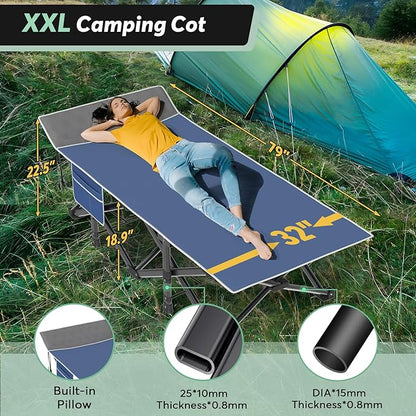Slendor Oversized XXL Camping Cot, Folding Cot for Adults, 79" L x 32" W x 19" H Sleeping Cot with Mattress, Carry Bag, Camp Cot Bed for Travel, Guest, Support 500lbs, Blue Cot+ Grey Pad