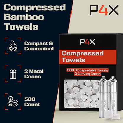 Compressed Towel Tablets - 100% Bamboo Camping Toilet Paper Tablets, Great for Hiking, Travel and Backpacking - Disposable Washcloths, Body Wipes, Paper Towel Coin Tissue - 100/250/500 Pack with Metal Waterproof Cases