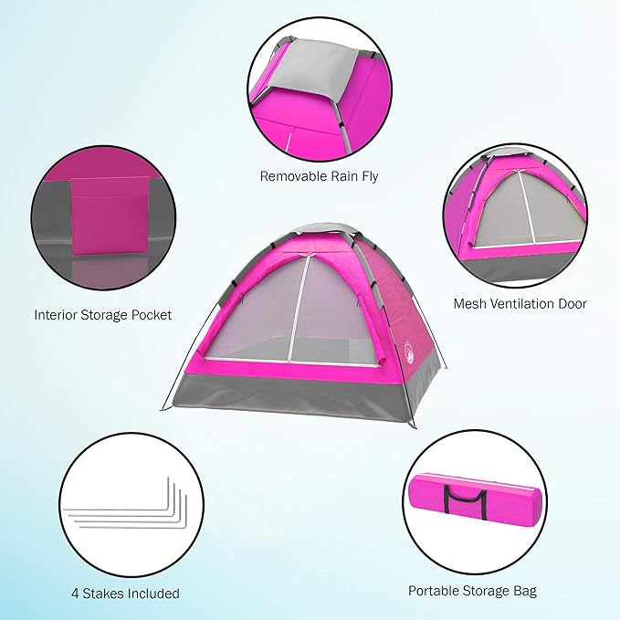 2 Person Camping Tent with Rain Fly and Carrying Bag - Lightweight Outdoor Tent for Backpacking, Hiking, or Beach Use by Wakeman Outdoors (Pink)