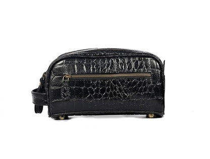 10" Premium Leather Toiletry Travel Pouch With Waterproof Lining | King-Size Handcrafted Vintage Dopp kit By Aaron Leather Goods (Grease Black)