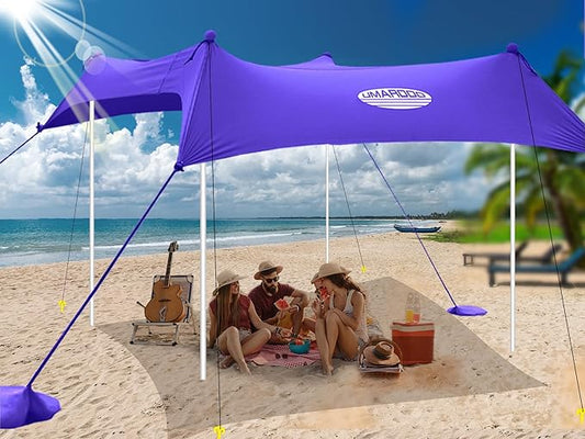 UMARDOO Family Beach Tent Canopy Sun Shade Portable 10×10FT, Large Wind Resistance Beach Sun Shelter Easy Setup with Packable Carry Bag for Outdoor Travel UPF 50+(Purple)