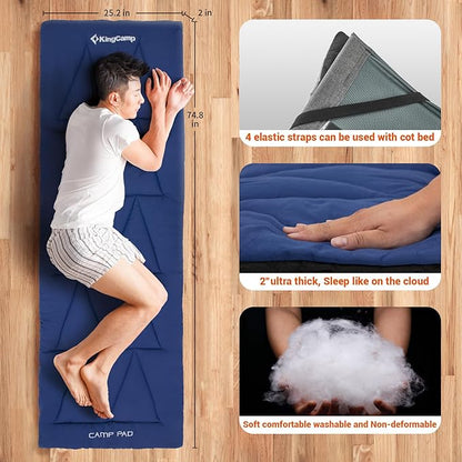 KingCamp Cot Pad Topper for Camping, Soft Warm Non-Slip Cot Mattress, Comfortable Lightweight Sleeping Mat for Outdoor & Indoor, Picnic, Hiking, Backpacking, Yoga