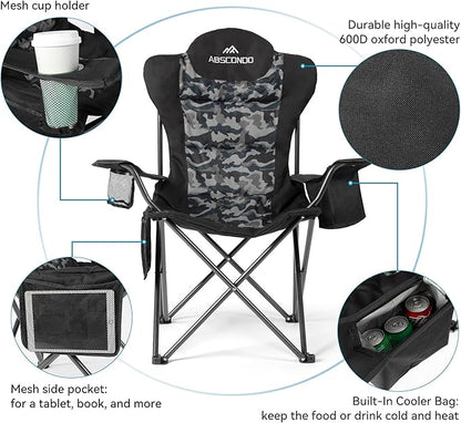 ABSCONDO Camping Chairs for Adults, Oversized Folding Camp Chair for Outdoor with Cup Holder & Cooler Bag, XL Heavy Duty Lawn Chairs Supports up to 350lbs (2 Pcs)