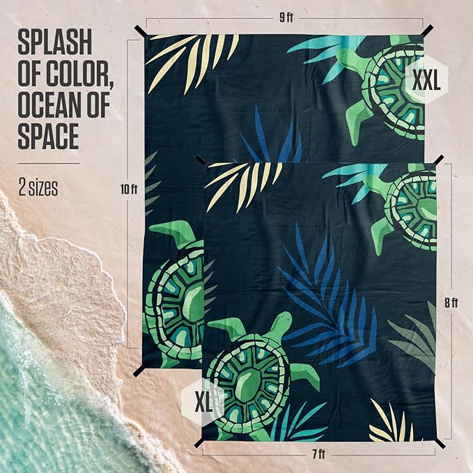 VENTURE 4TH Family-Size Beach Blanket: Sandproof, Waterproof, Lightweight & Compact. Includes Stakes and Carry Bag. 9x10 feet XXL Navy Turtle