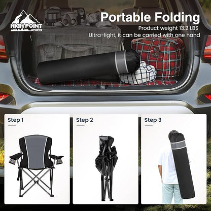 HIGH POINT SPORTS Oversized Camping Folding Outdoor Chair with Armrest, Collapsible Portable Lawn Chair with Cup Holder for Adults Support 350 LBS, Gray-Black
