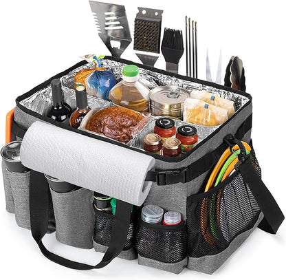 Large Grill Utensil Caddy with Paper Towel Holder, Outdoor Picnic Bag Organizer for BBQ Supplies Tool, Tailgating Accessory Basket Camping Gear Must Haves for Cook Essentials, Gray, Bag Only