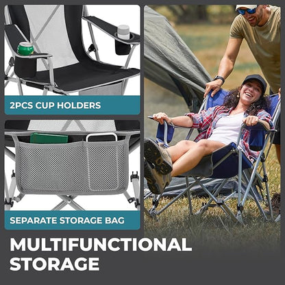 FUNDANGO Rocking Camping Chair, High Mesh Back Portable Folding Camp Chairs with Pillows, Cup Holder and Carry Bag for Lawn Patio Garden Outdoor Supports 300 Lbs (Black/Grey)