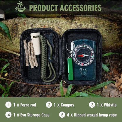 Flint Fire Starter, Outdoor Fire Starter Survival Tool, Flint and Steel Fire Starter Kit, with Compass, Whistle, Tinder Rope, Suitable for Camping, Emergencies