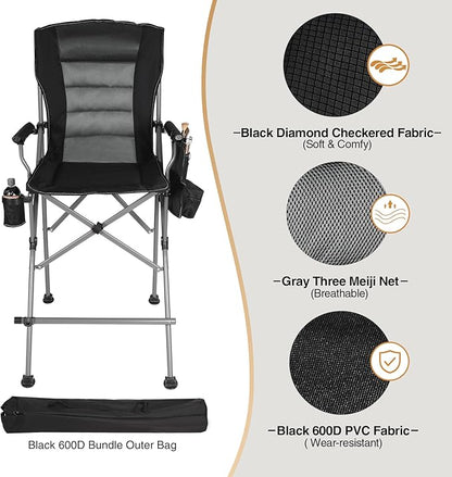 Extra Tall Folding Chairs for Adults 330lbs, Portable Bar Height Foldable Director Chairs for Camping Outside, Comfortable with Makeup Pocket, High Back and Footrest, Black