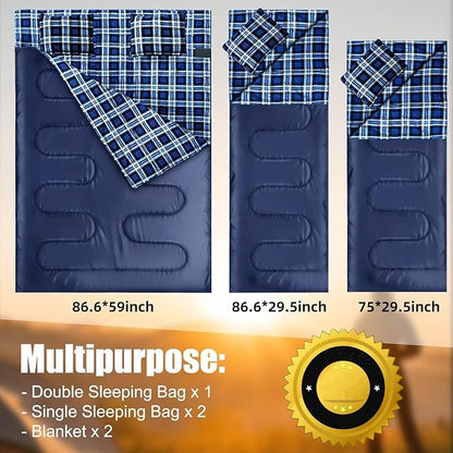 Double Sleeping Bag Flannel for Adults Kids, Queen Size for 2 Person with 2 Pillows, Warm & Cold Weather Sleeping Bag for Camping, Hiking, Waterproof Lightweight with Compression Sack