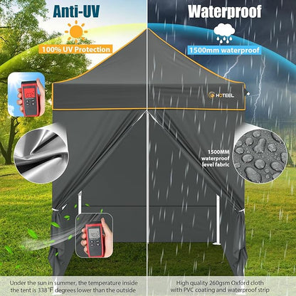 Hoteel 6.6 x 6.6 Pop up Canopy,Easy Up Heavy Duty Canopy with 4 Sidewalls,Upgrade Hexagonal Tube UPF50+ 1500mm Waterproof,Outdoor Canopy Tent with Carry Bag for Commercial Events,Beach,Camping,Grey