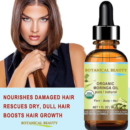 Botanical Beauty‎ Organic Moringa Oil 100% Pure Natural Undiluted 1 Fl.oz.- 30 ml. for Face Skin, Hair, Lips, Body, Nails Rich in Vitamin C, Vitamin E