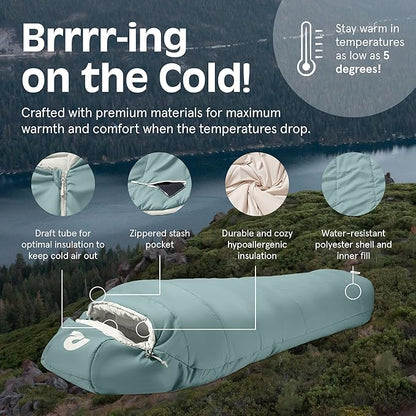 Retrospec Dream Mummy Sleeping Bag - 30°F Camping & Travel Essential Gear with Water - Resistant Shell & Synthetic Fill - Zippered Pocket & Stuff Sack