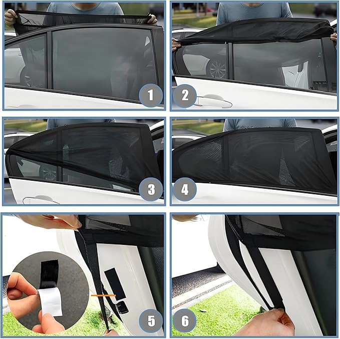 [2025] XL Truck Car Window Screens Shades for Large SUV Pickup 4 Pcs Car Bug Mosquito Net Camping Protector Elastic Mesh Netting Front Rear Side Window Kids Babies(Extra Large)