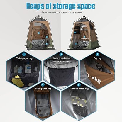Portable Camping Shower Tent Deluxe Changing Room with Shower Bag Easy Set Up Privacy Shelter,Large Toilet Tent with Floor Drain Design for Beach,Camping,Hiking with Stakes and Ropes for Stability
