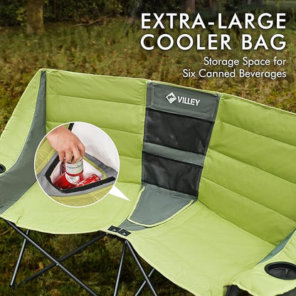 VILLEY Double Camping Chair w/Cooler Bag, Extra Wide Loveseat, Heavy Duty Padded Camping Couch, Portable Folding Chair w/Carry Bag Steel Frame Cup Holders for Camp Lawn Picnic Sports, Support 600LBS