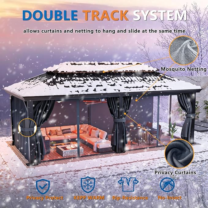 HOTEEL 12x20 Hardtop Gazebo with Metal Roof & Drainage System, Heavy Duty Galvanized Steel Gazebo with Reinforced Aluminum Frame, Privacy Curtains and Netting, for All-Weather, Black (2025 Upgraded)