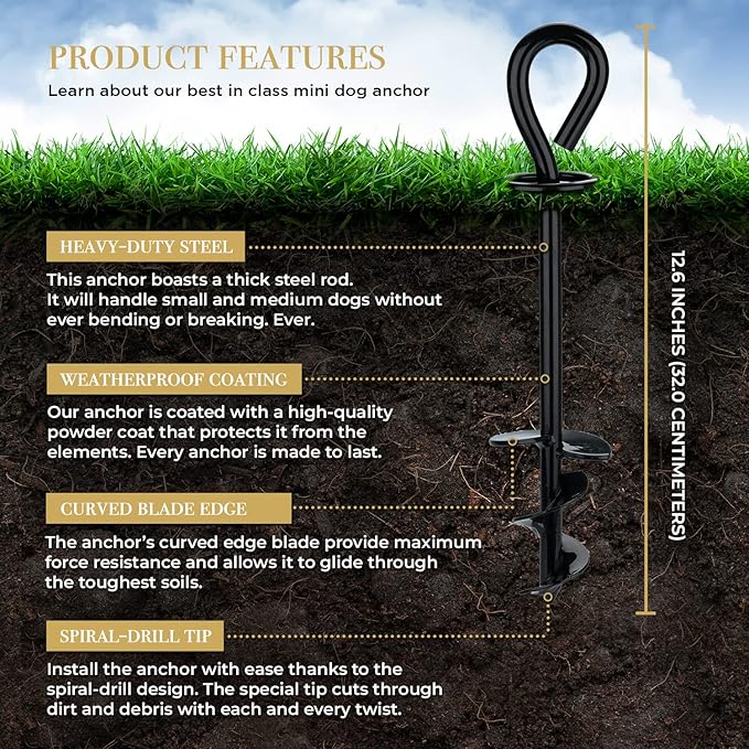 Dog Tie Out Stake - Heavy Duty Dog Stake for Large Dogs up to 125 lbs, Dog Stakes for Outside, Dog Anchor, and Dog Gadget | Use Any Dog Tie Out Cable or Dog Yard Leash (MB1-Midnight Black)