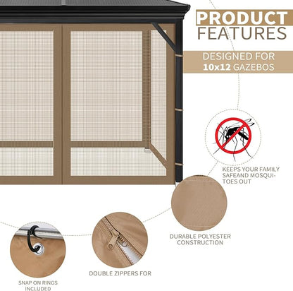 Gazebo Universal Replacement Mosquito Netting, 10' x 12' Outdoor Mesh Netting Screen 4-Panel Sidewall with Zipper for Patio Canopy Garden Porch Pergolas and Backyard, Khaki(Mosquito Net Only)