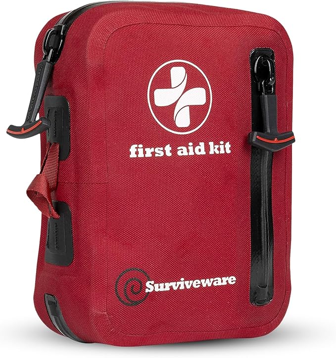 Surviveware Waterproof First Aid Kit - Survival Emergency Preparedness for Travel Camping Gear, Survival Kits, Home Essentials and Outdoor Emergencies - Small 100 Piece