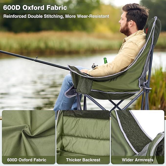 Oversized Camping Chair, Portable Folding Padded Camp Chairs with Side Pocket, Cup Holder, Heavy Duty Support 500LBS Outdoor Lounge Chair for Adults, Fishing, Sports, Trip, Green