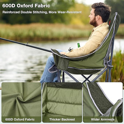 Oversized Camping Chair, Portable Folding Padded Camp Chairs with Side Pocket, Cup Holder, Heavy Duty Support 500LBS Outdoor Lounge Chair for Adults, Fishing, Sports, Trip, Green