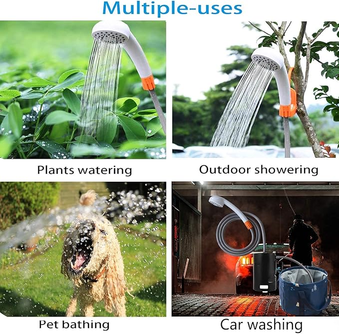 Portable Camping Shower, Built-in 4400mAh, USB Rechargeable IPX7 Waterproof Battery Shower Pump+Collapsible Bucket for Family Camp Hiking Backpacking Travel Beach Pet Flowering, Outdoor
