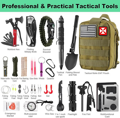 Survival Kit, First Aid Kit Survival Gear Tools Trauma Kit with Molle Pouch for Outdoor, Camping, Hunting, Hiking, Earthquake, Home, Office, Gifts for Men Dad Husband Women (