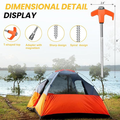 12 Pack 8" Screw in Tent Stakes Heavy Duty- Ground Anchors Screw- Tent Pegs Camping Stakes- Hex Pegs Drillable Tent Stakes and Hexagon Head Drive and Storage Box (Orange)
