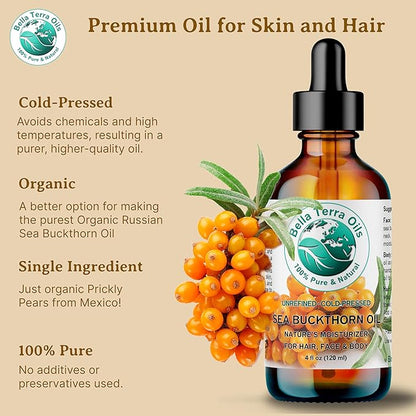 Bella Terra Oils - Sea Buckthorn Oil 16 oz - Capturing the Essence of Organic Sea Buckthorn Berries, Loaded with Omega-7 & Omega-9, A Sumptuous Embrace for Skin