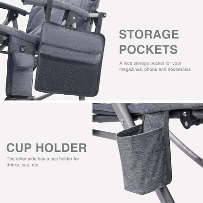 EVER ADVANCED Heated Oversized Folding Rocking Camping Chair, Heating Padded Portable Rocker Chair for Patio, Lawn and Outdoors, Heavy Duty Hard Armchair for Adults Supports 400lbs, Grey