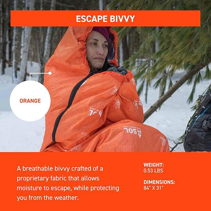 SOL Escape Bivvy with Hood - Emergency Preparedness Blanket - Reflects Up to 70% Body Heat - Outdoor Survival Bivvy - Water Resistant - Durable & Breathable - Winter Camping Supplies - Orange