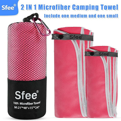 Sfee 2 Pack Microfiber Travel Towel, Quick Dry Towel Camping Towel Super Absorbent Compact Lightweight Sports Towel Swim Towel Gym Towel Beach Towel Set for Gym, Hiking, Pool, Backpacking, Bath, Yoga