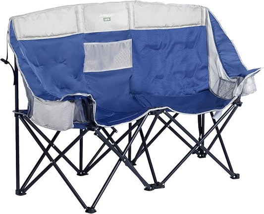SunnyFeel Double Camping Loveseat Chair, Blue-Cooler, Foldable, Portable, Space Saving, Side Pocket, Cup Holders