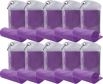 10 Pack Cooling Towels Bulk Microfiber Ice Towel Quick Dry Breathable Chilly Sweat Towel Stay Cool Towel for Neck Face Yoga Gym Workout Running Pilates Beach with Carabin Bag, 40x12'', Purple