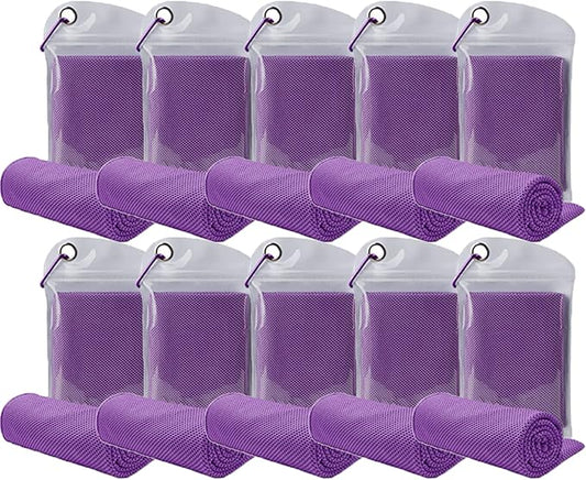 10 Pack Cooling Towels Bulk Microfiber Ice Towel Quick Dry Breathable Chilly Sweat Towel Stay Cool Towel for Neck Face Yoga Gym Workout Running Pilates Beach with Carabin Bag, 40x12'', Purple