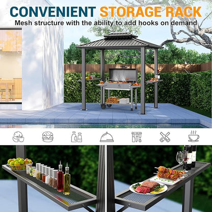 Hoteel 6x8 Hardtop Grill Gazebo, Outdoor Patio BBQ Gazebo with Galvanized Steel Double Roof, Hardtop Barbecue Canopy with 2 Side Shelves for Deck Lawn Backyard Garden,Black