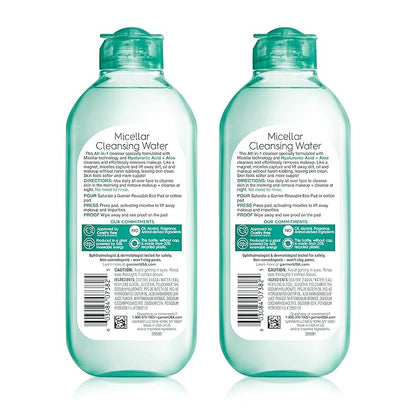 Garnier Micellar Water with Hyaluronic Acid, Facial Cleanser & Makeup Remover, Hydrating and Plumping, For All Skin Types, Vegan, Cruelty Free, 13.5 Fl Oz (400mL), 2 Count