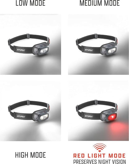 AMPEX Head Lamp - Comfortable, Waterproof Headlamp Rechargeable with Bright LED, 85h Runtime, Red Mode - Outdoor Use, Hiking, Backpacking - 300 Lumens