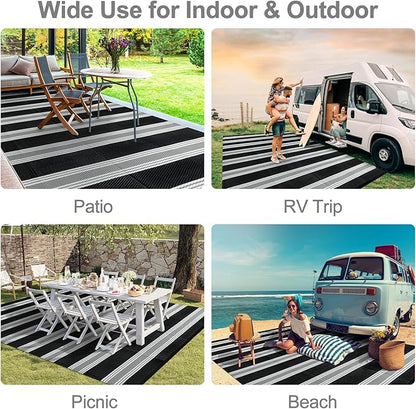 Lahome Striped Outdoor Rug 8x10 Patio Waterproof, Reversible Outdoor Plastic Straw Rug for Camping, RV Patio Rugs Outside Large Carpet for Porch Deck Backyard Picnic(Black/Grey,8'x 10')