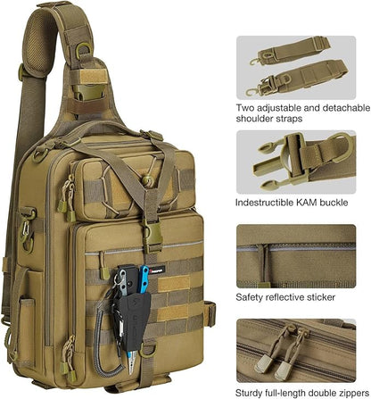 Piscifun Tackle Bag With Rod & Gear Holder - Lightweight Sling Storage Bag, Outdoor Shoulder Pack for Fishing, Hiking, Hunting
