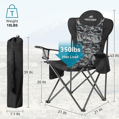 ABSCONDO Camping Chairs for Adults, Oversized Folding Camp Chair for Outdoor with Cup Holder & Cooler Bag, XL Heavy Duty Lawn Chairs Supports up to 350lbs (2 Pcs)