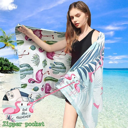 Beach Towel Oversized,Thin Microfiber Beach Towel ,Super Absorbent Quick Dry Sand Free Cute Flamingo Cool Swim Beach Towels for Kids,Men,Women,Boys,Girls with Zipper Pocket Travel Bag (flamingos)