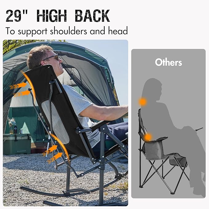 PORTAL Oversized Folding Rocking Camping Chair Portable Outdoor Rocker with High Back Hard Armrests Carry Bag, Supports 400 lbs